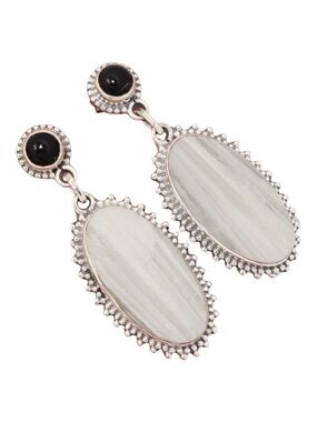 Scolecite & Black Onyx Solid 925 Sterling Silver Post Earrings